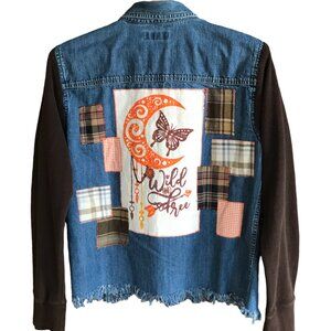 Upcycled Jean Shirt, Size M: Painted Wild Free Moon Graphic, Patchwork Jacket